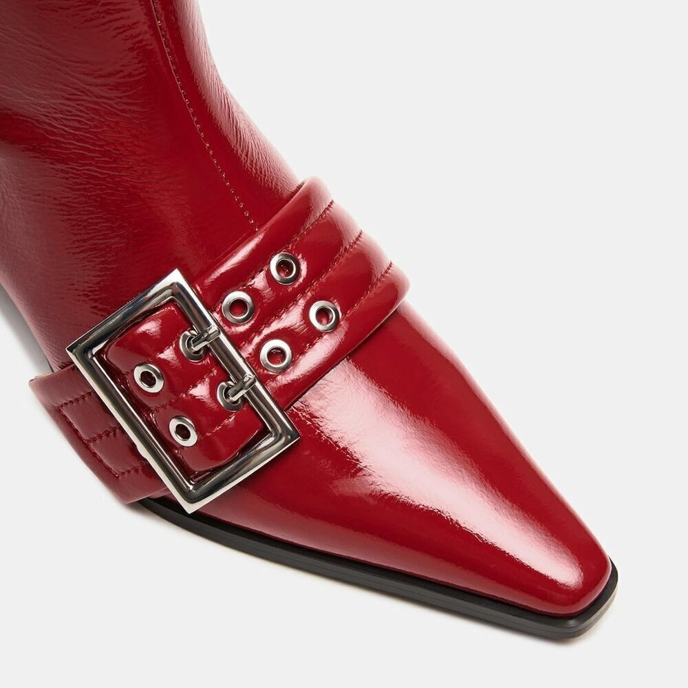 ✨Women Red Buckle Ankle Boots Kitten Low Heel Eyelet Sexy Pointy Toe Booties - Picture 3 of 9